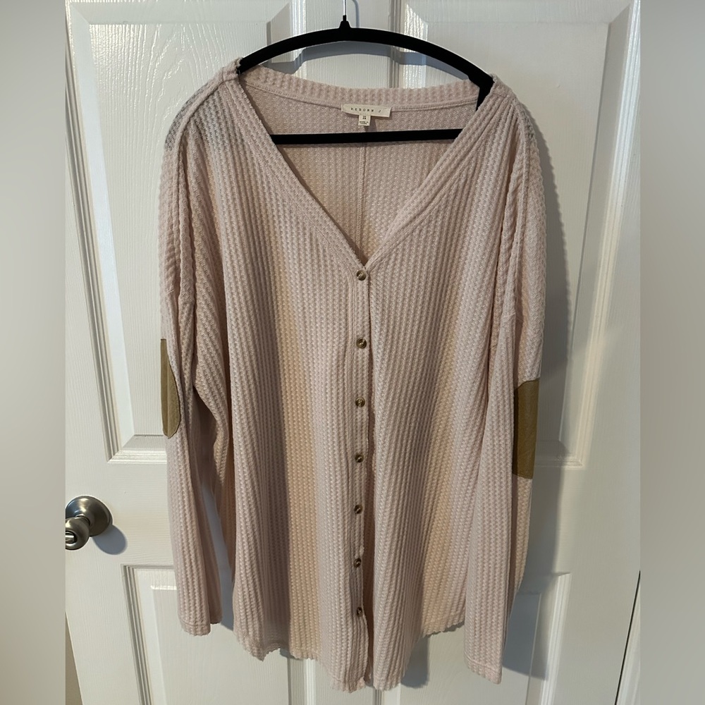 Waffle Knit Creme Button-Front Tunic w/ Brown Elbow Patches Boho Chic size 2X